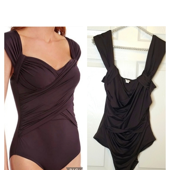 Badgley Mischka Womens Draped Gray Maillot One Piece Swimsuit Bodysuit - Picture 2 of 13